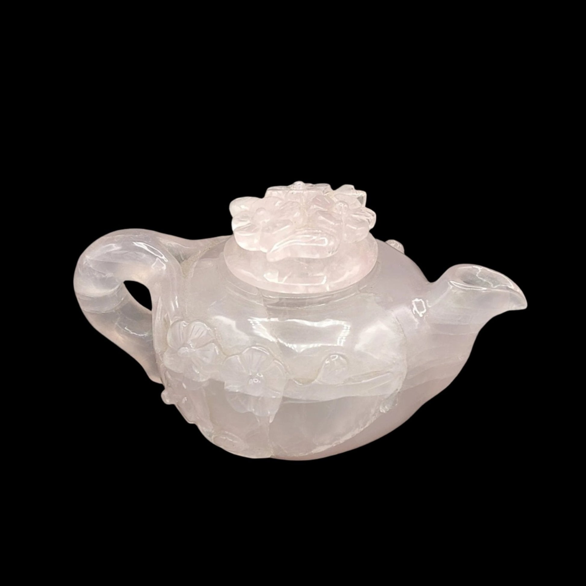 Right side view of polished Rose Quartz tea pot