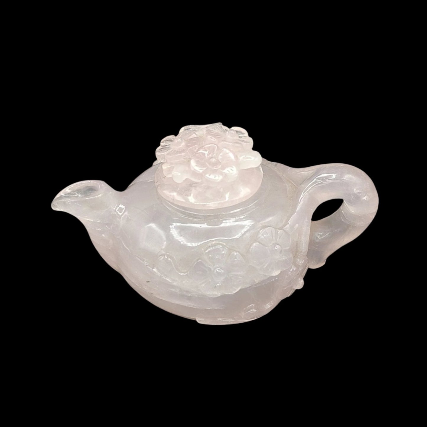 This is the left side view of the polished Rose Quartz tea pot