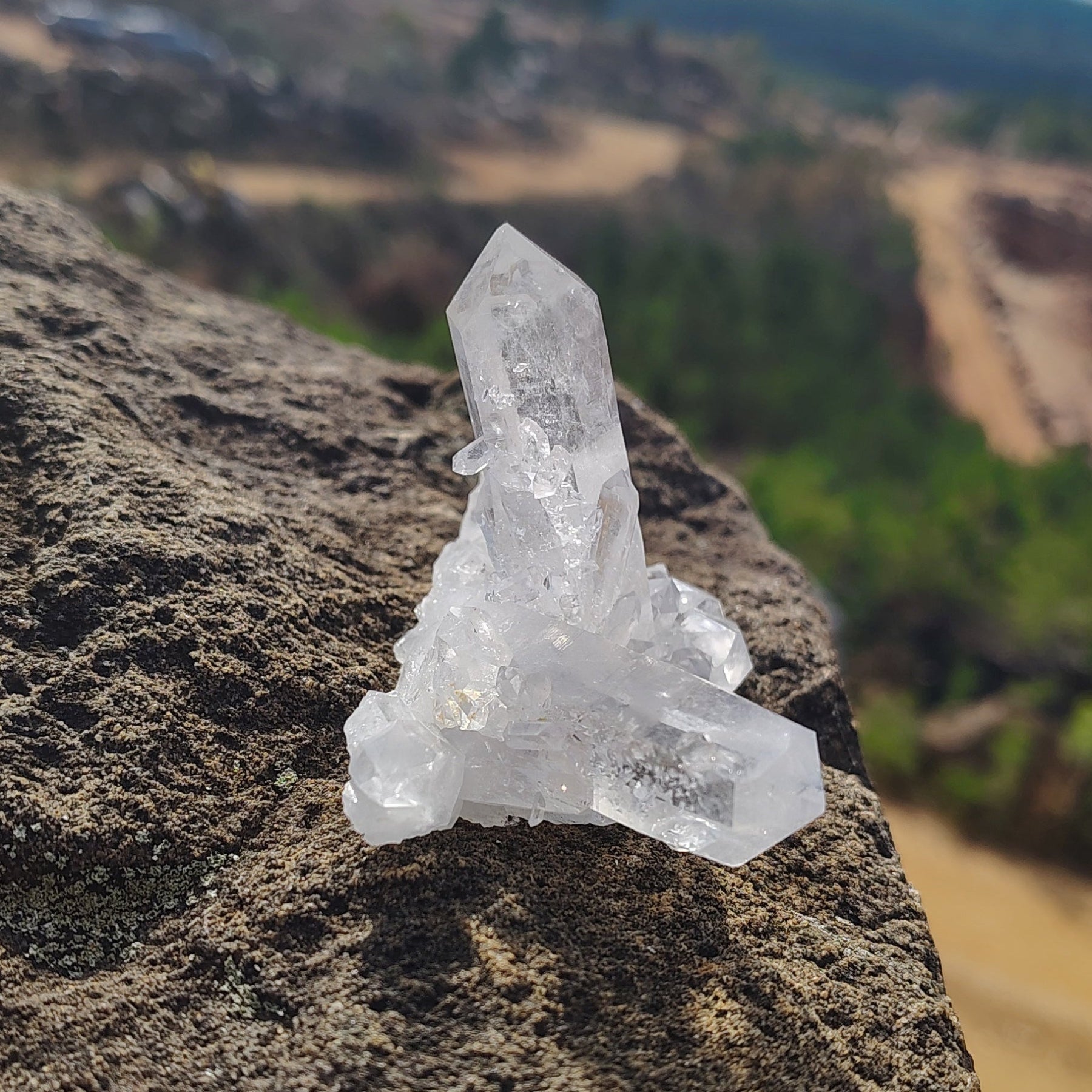 Right side of this pristine quartz crystal cluster outside in nature.