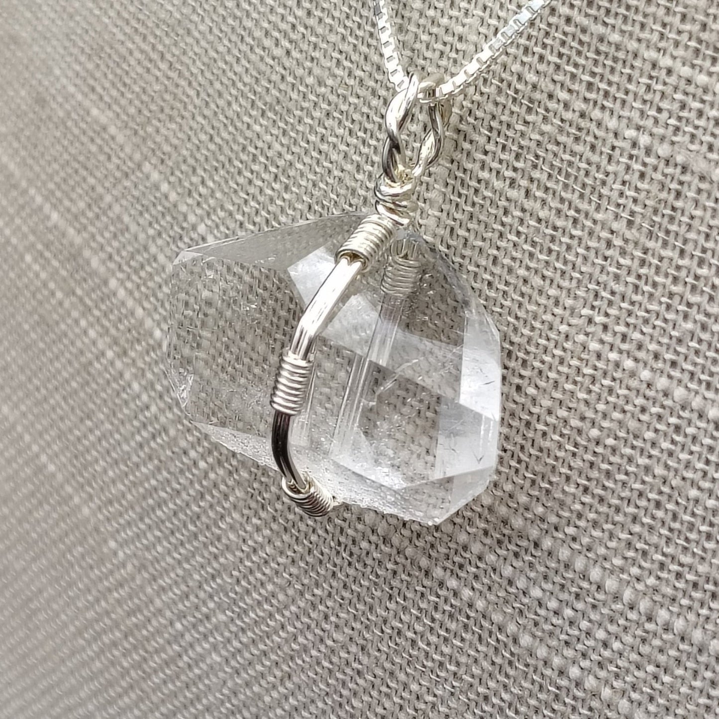 This is a close side angle of this wire wrapped double terminated quartz point