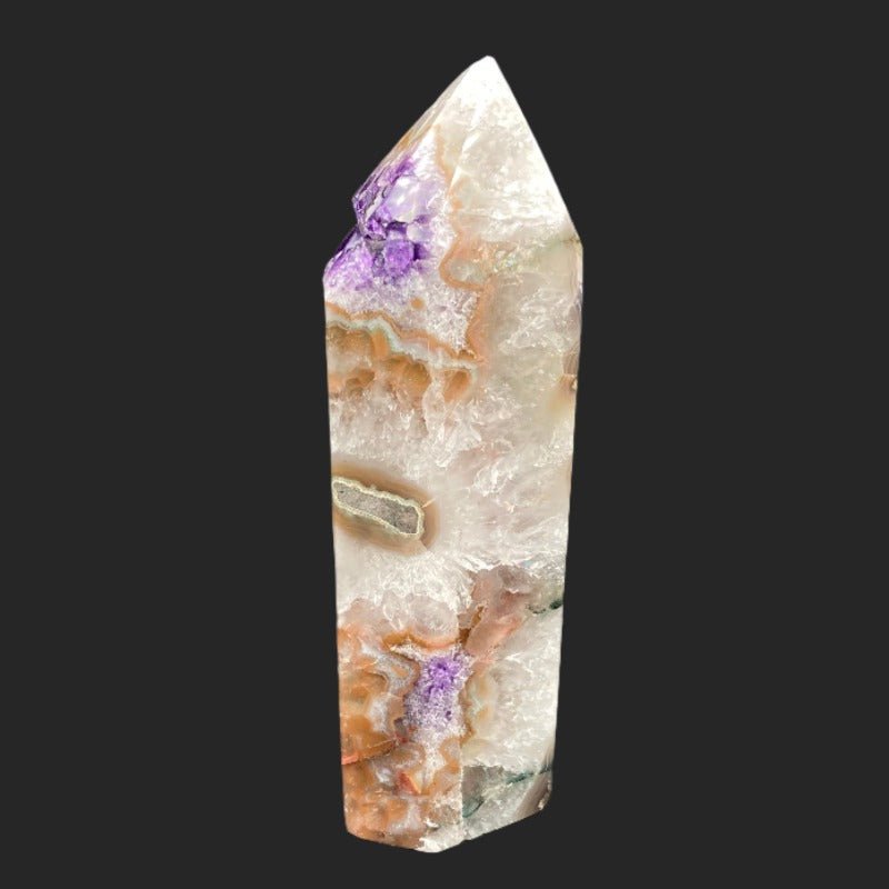 Left Side Of Purple Amethyst Druzy And Agate Geode Tower. It Has Purple Amethyst, clear Quartz, And Green And Orange Agate.