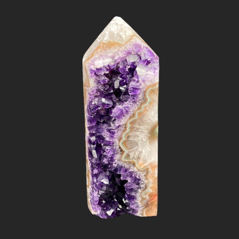 Purple Amethyst Druzy And Agate Geode Tower. The Face Has Purple Druzy Crystals, Clear Quartz And Green And Orange Agate.