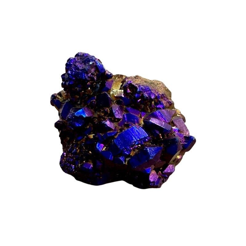 Purple Aura Quartz Geode Mineral Specimen, Face Is Covered In Crystals That Are Puprle Gold And Blue