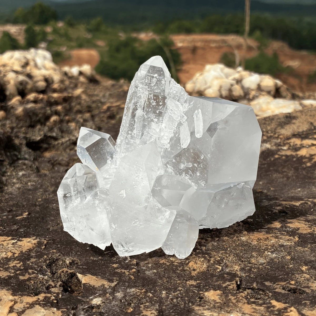 Left side of this Quartz crystal cluster, in front of a outdoor setting.