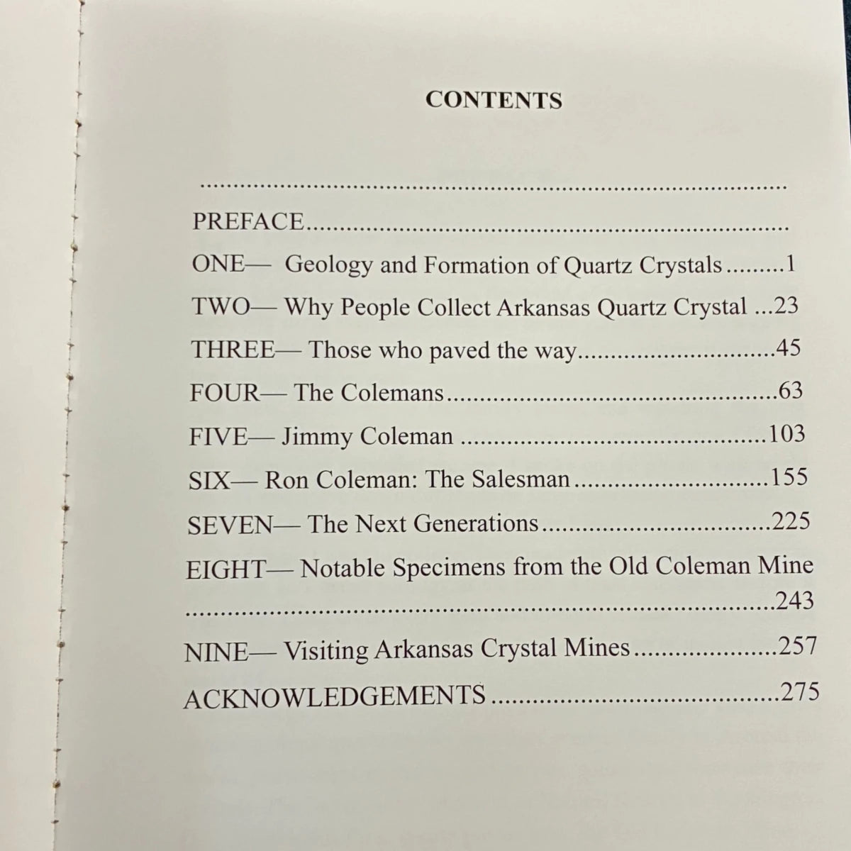 Table of the contents of the Quartz In Their Veins book.