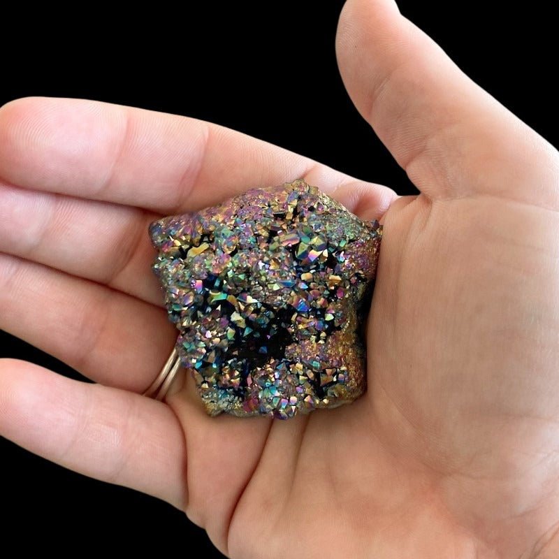 Close Up Of Rainbow Aura Quartz Geode Rock Specimen, Face Is Covered With Mulit Colored, Rainbow In Color