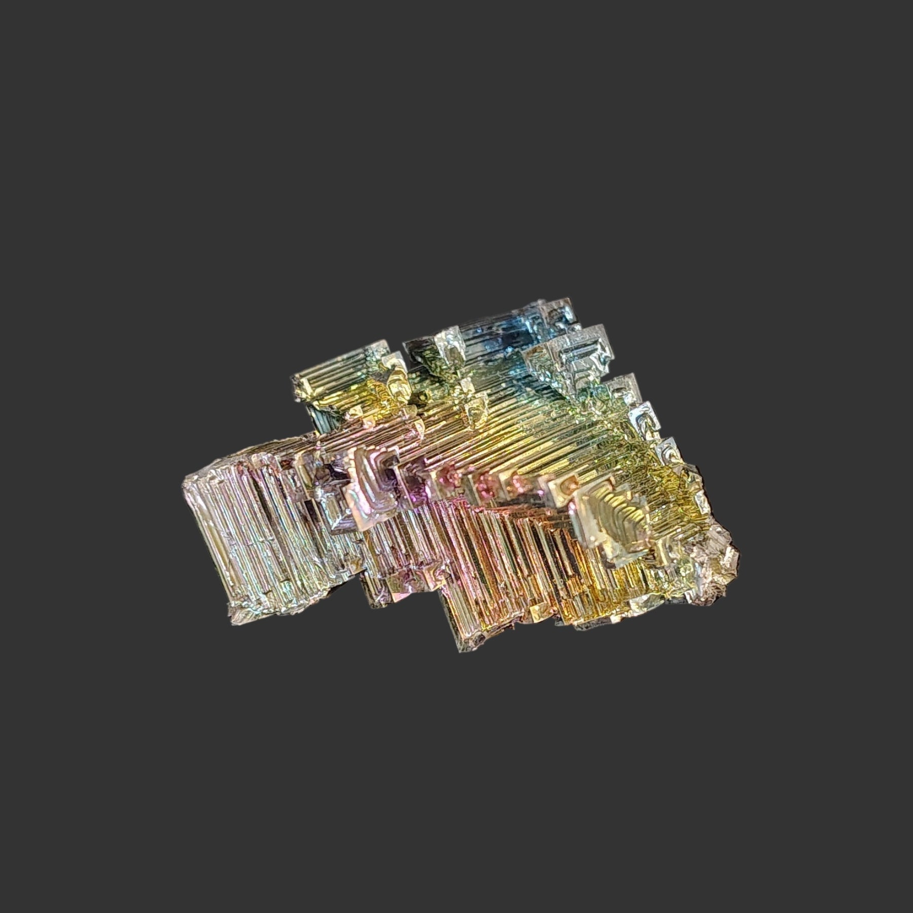 From the back of this Bismuth specimen, you can see the whole rainbow of all the colors.