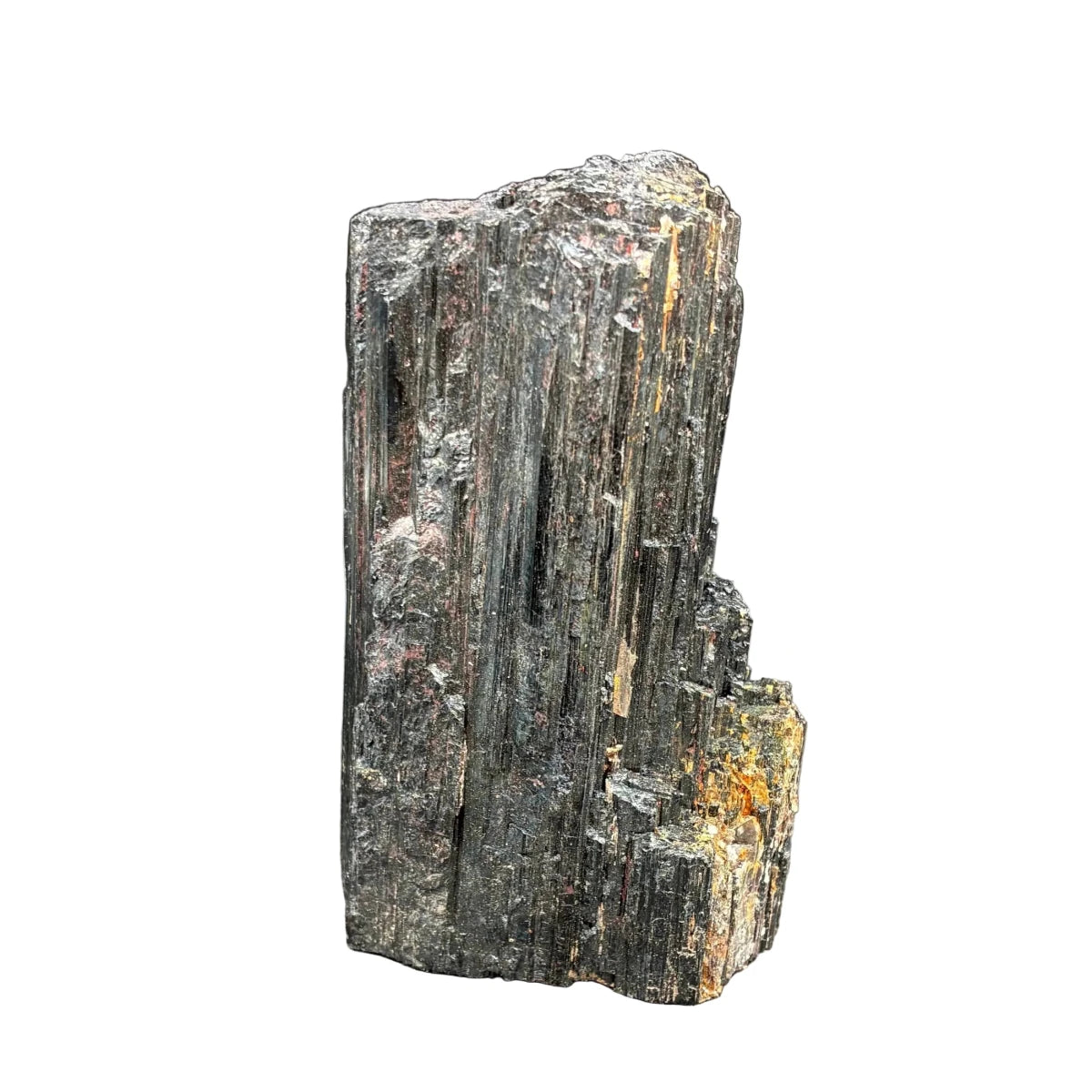 Front side of this black Tourmaline cut base specimen, in front of a white background.