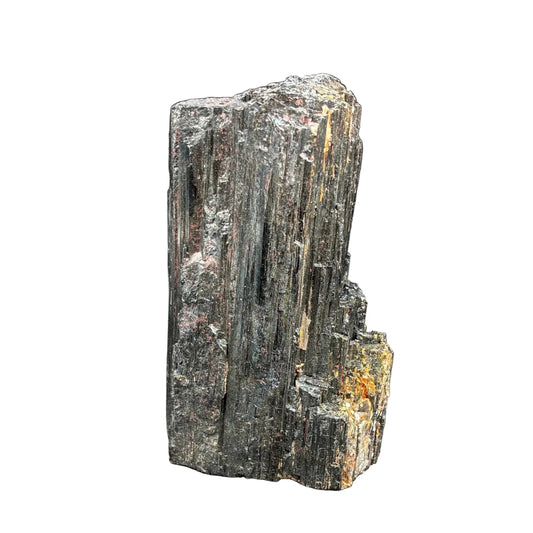 Front side of this black Tourmaline cut base specimen, in front of a white background.