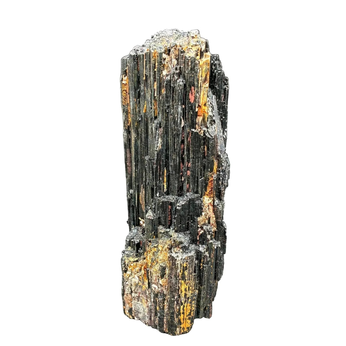 Left side of this black Tourmaline cut base specimen, in front of a white background.