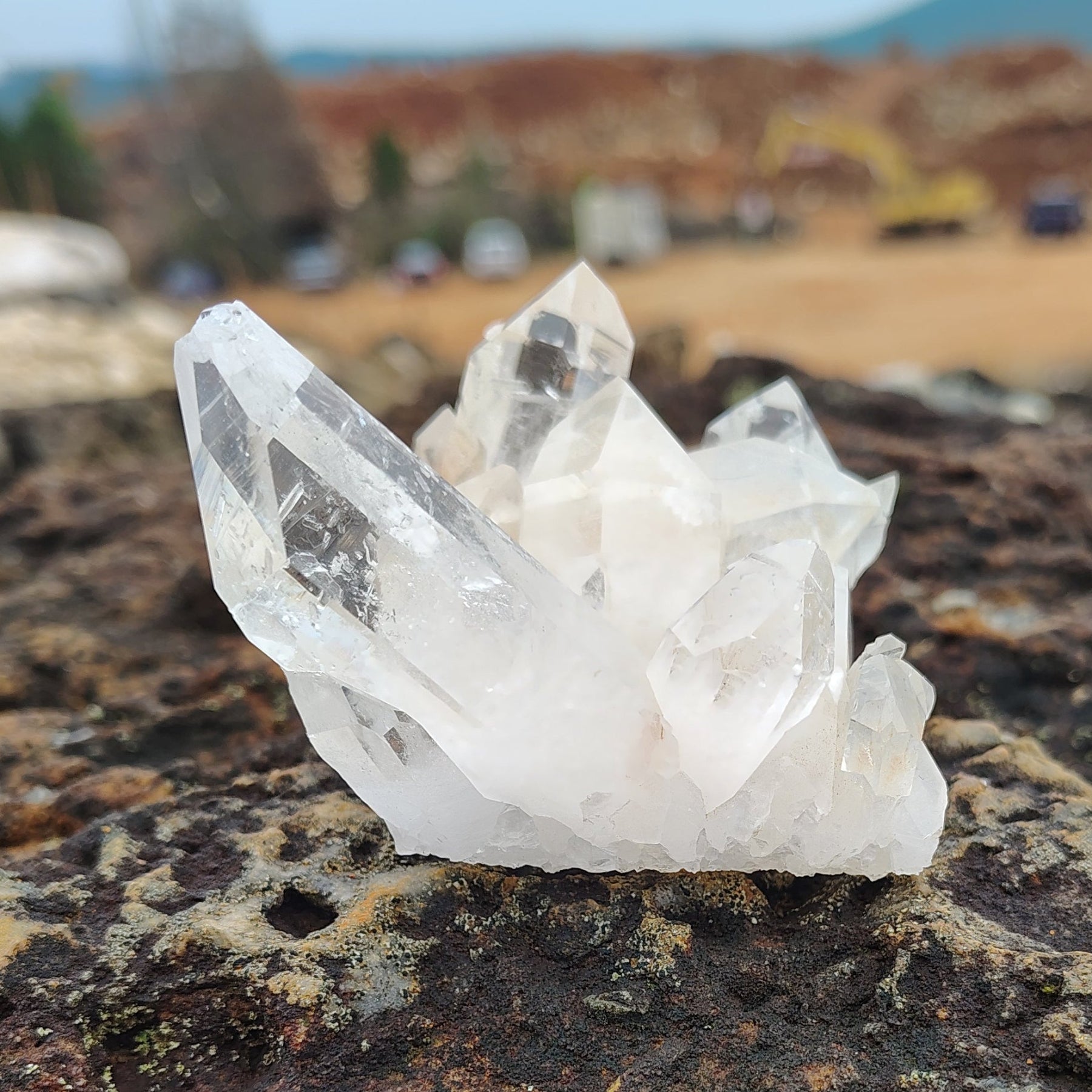 From the right side, you get a better view of the biggest crystal point on this Quartz cluster.