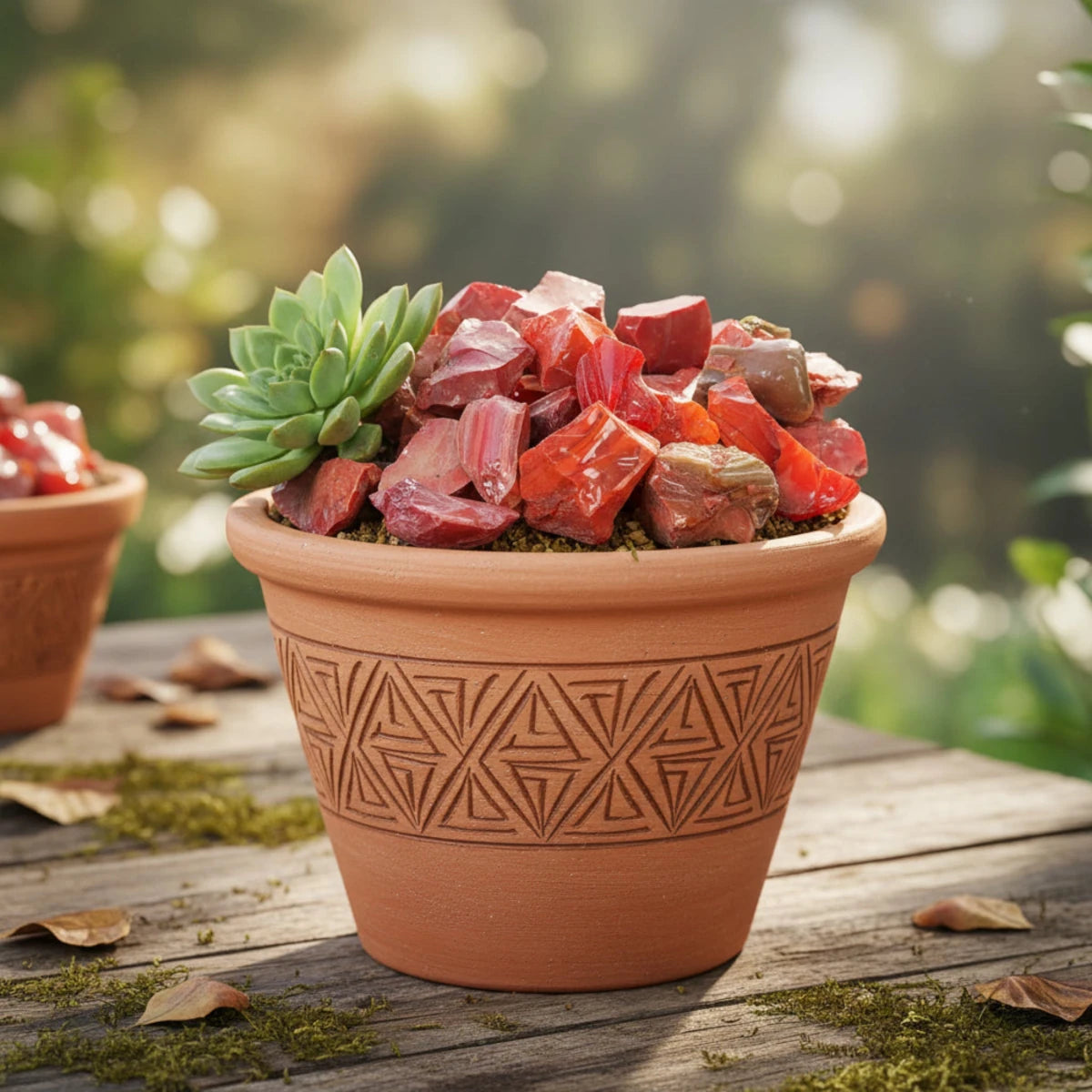 Slag glass incorporated with a succulent plant in the outdoors. 