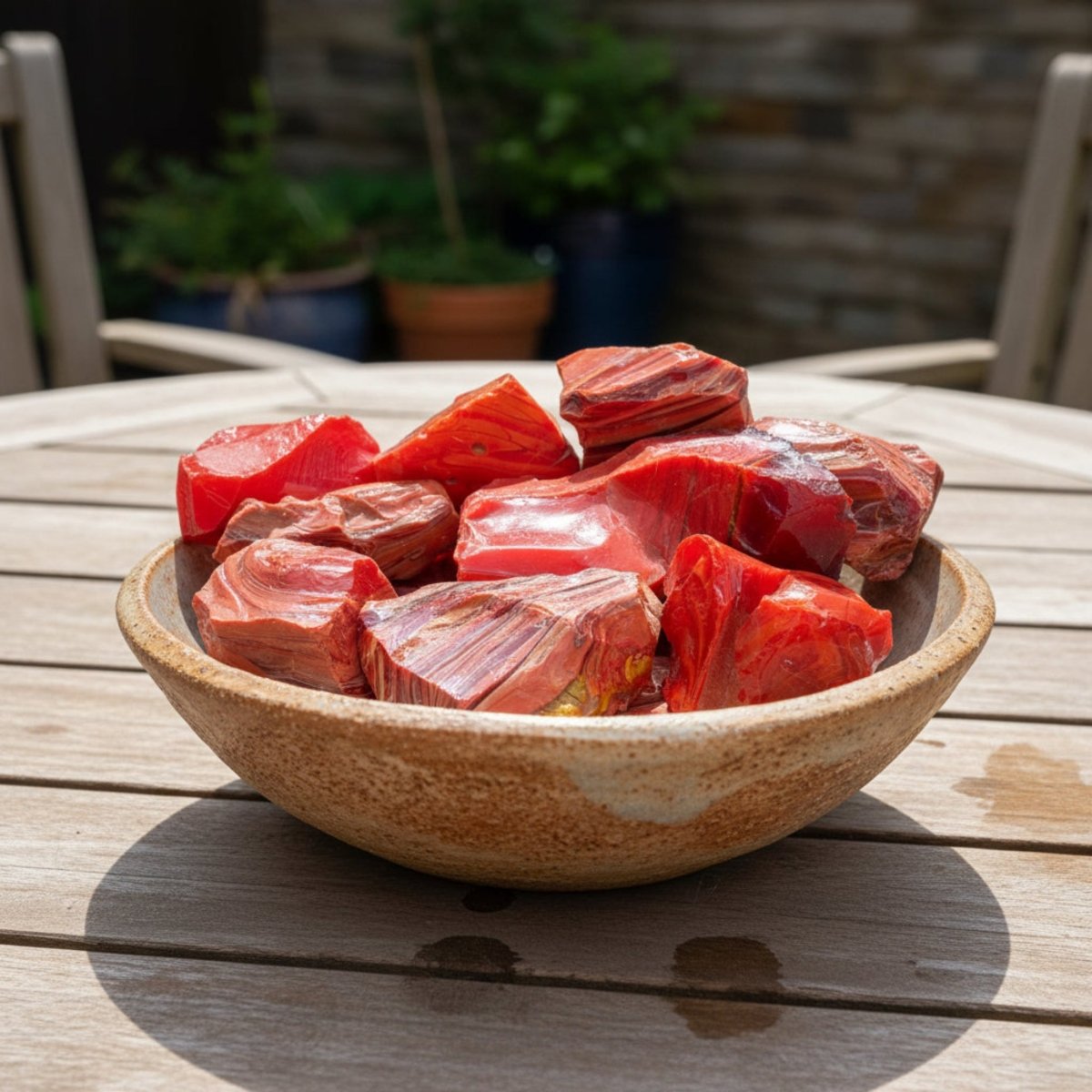 The red slag glass in a bowl, outdoors on a  patio table.