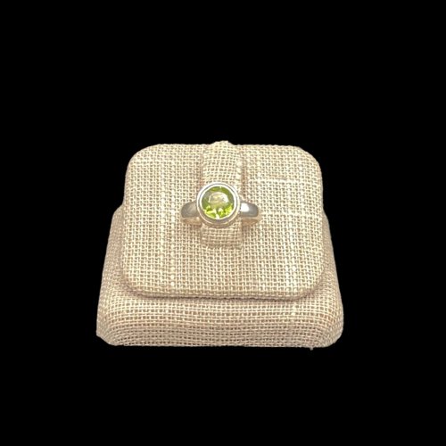 Front View Of Round Peridot Ring Sterling Petite Jewelry Size 5, Greenish Yellow In Color.