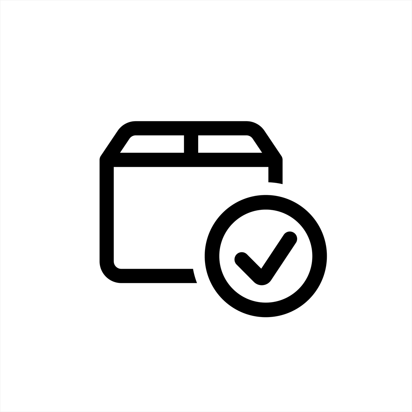 Black icon of a package with a check mark on a white background