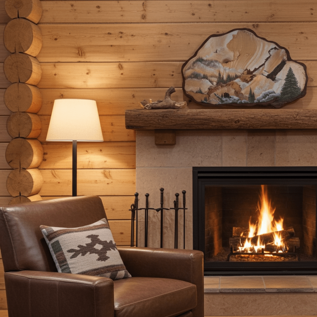 A cozy rustic living room scene with a brown leather armchair, a lit fireplace, a wood floor lamp, and a decorative mountain-style wall hanging above the mantel.