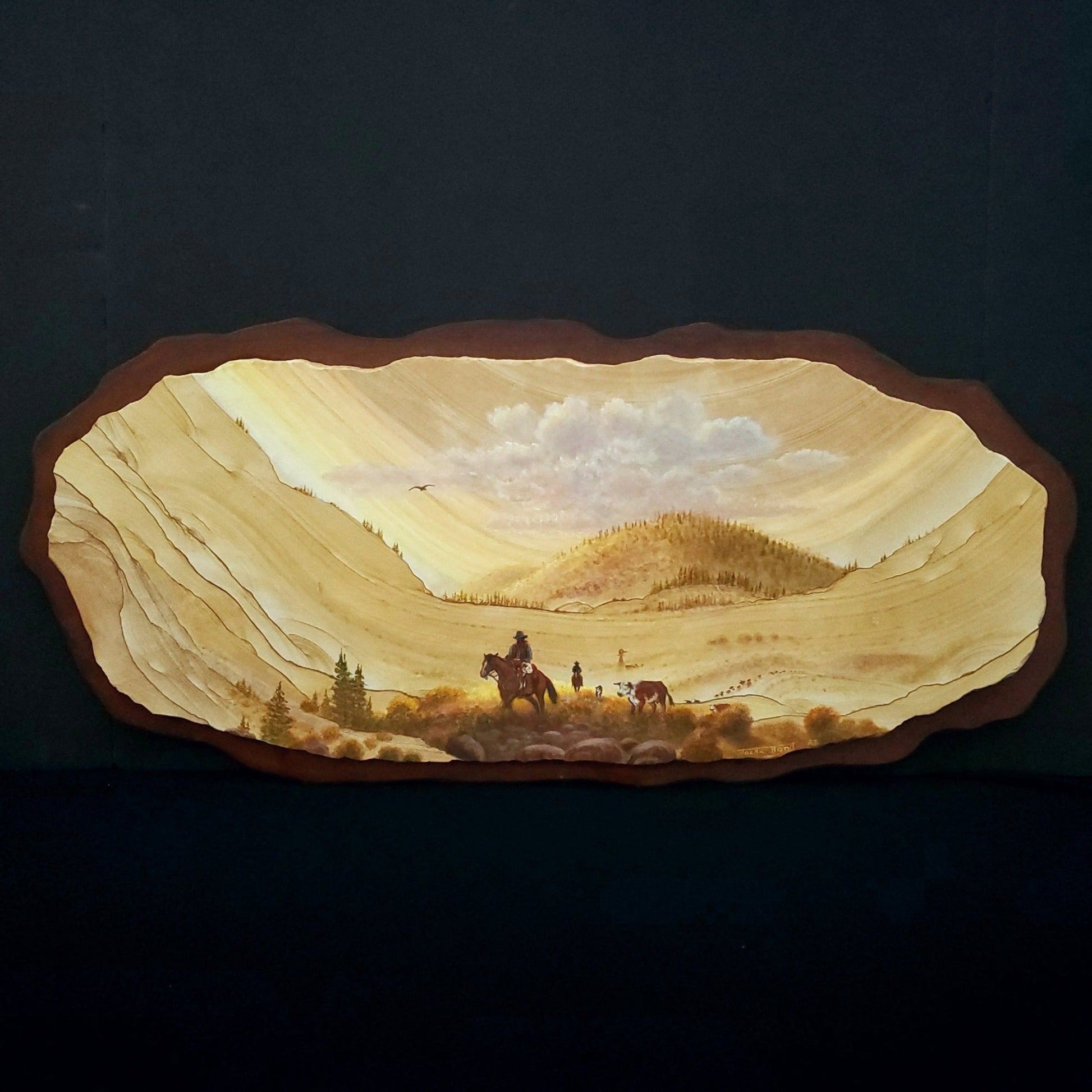 Sandstone Painting Western Decor Cowboys On Horses Cattle Sky Prairie Scene