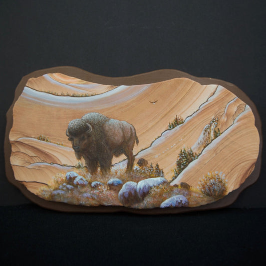 Hand Painted Buffalo On Sandstone  Brown Cream White Black Art For The Home Or Office