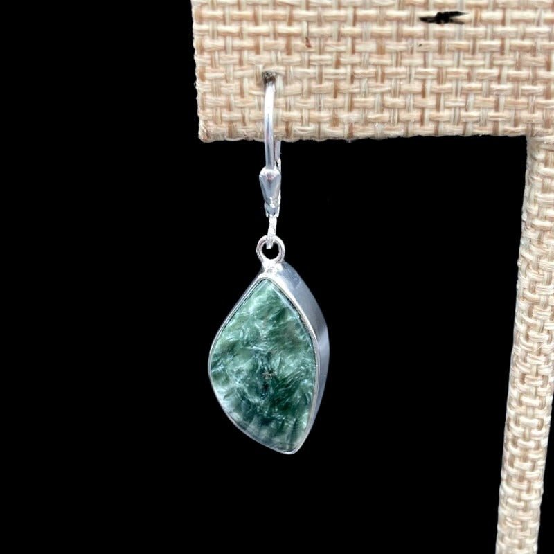 Close Up Of Sterling Silver And Seraphinite Gemstone Earrings, Smooth Marbeled LIght And Dark Green