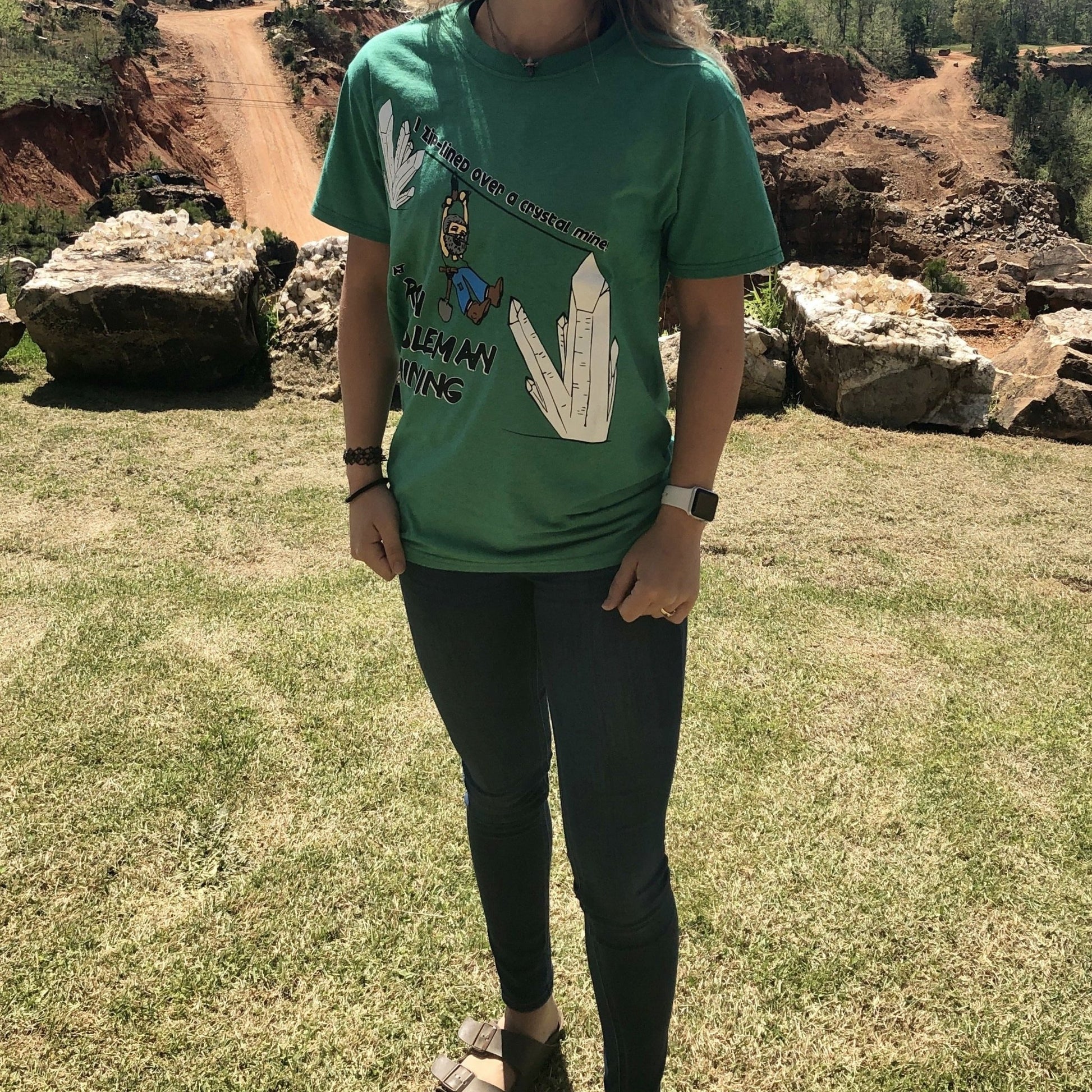 Ron Coleman Ziplining T-Shirt Green White Crystal Graphic And Miner On Zip Line