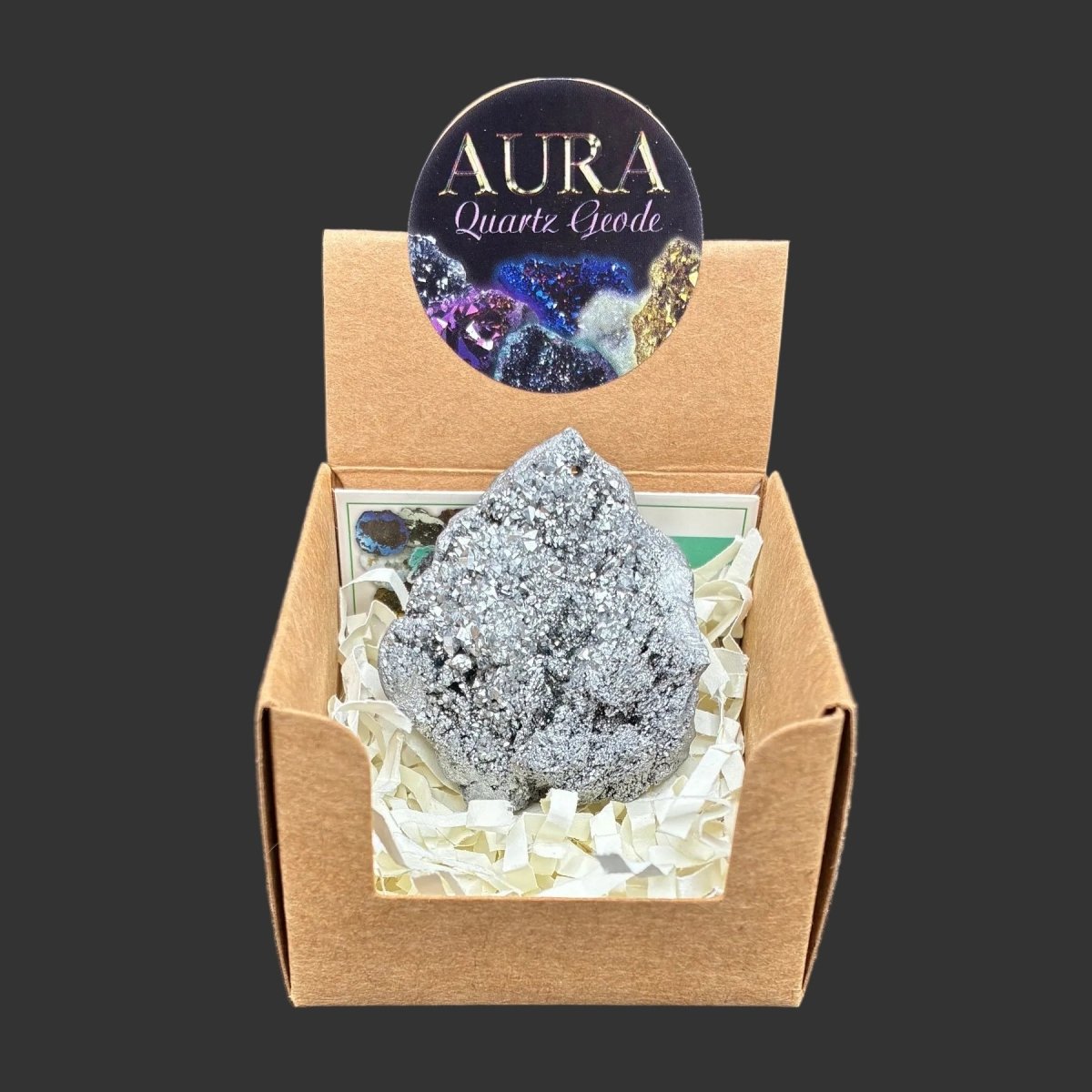 Silver aura quartz geode in the box that is provided with your purchase.