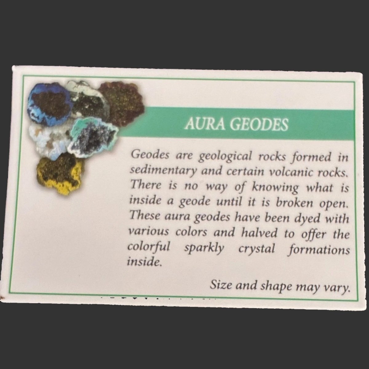Information card that is included with each geode.