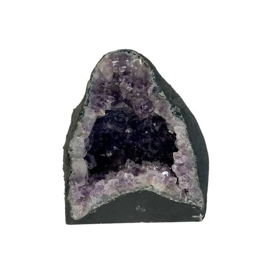 Amethyst Geode Is Dark and Light Purple Crystal Point, And Around the Outer Edges of the Face is Painted Flat Black
