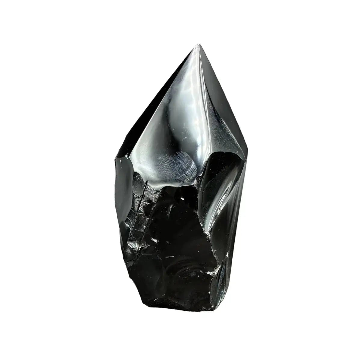 Side View of this polished black Obsidian point, in front of a white background.
