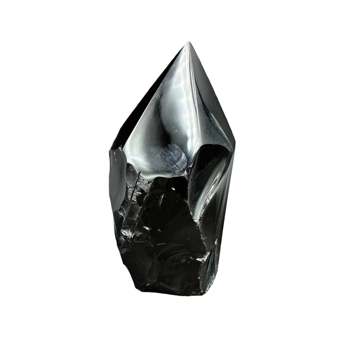 Side View of this polished black Obsidian point, in front of a white background.