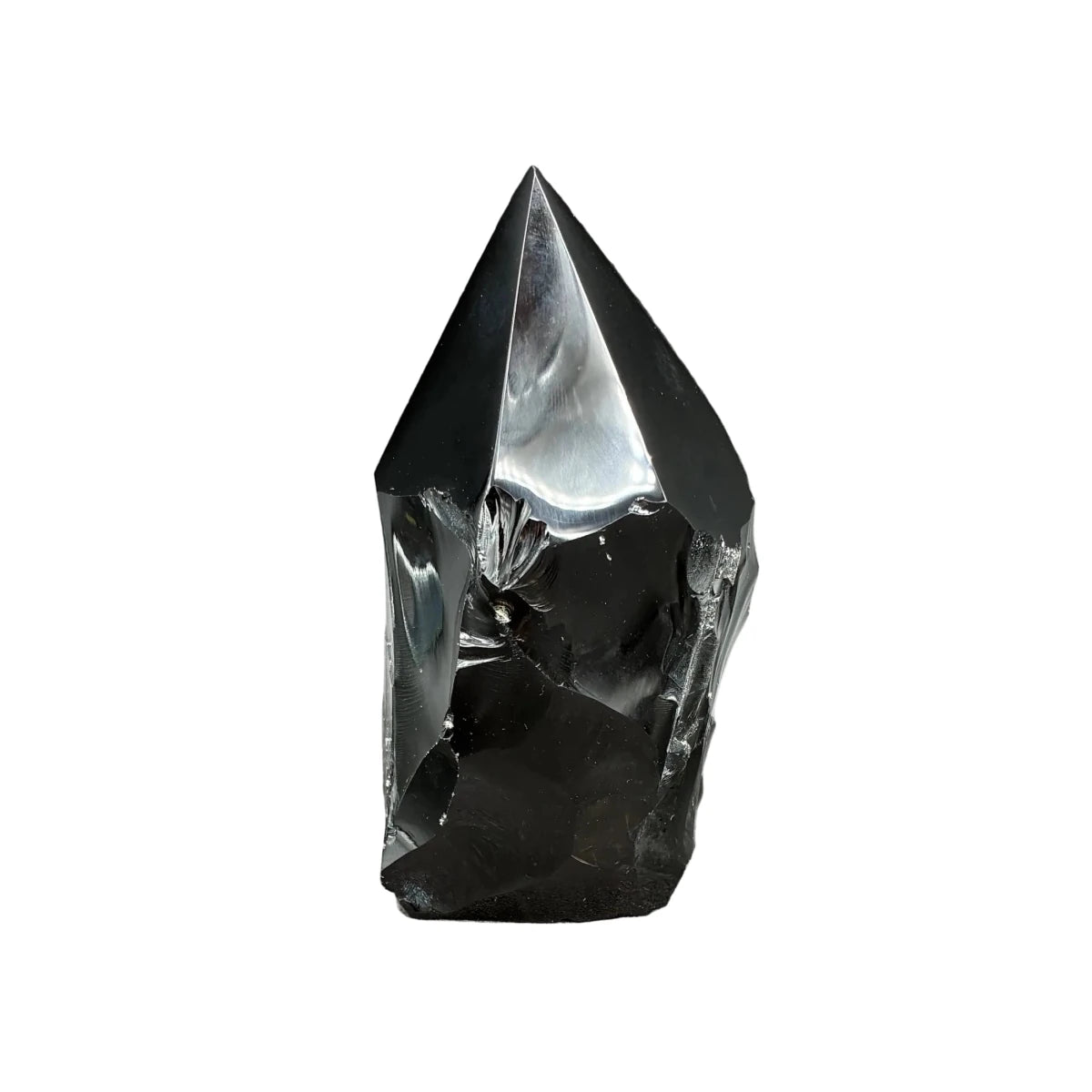 This is the front side of this polished black Obsidian point in front of a white background.