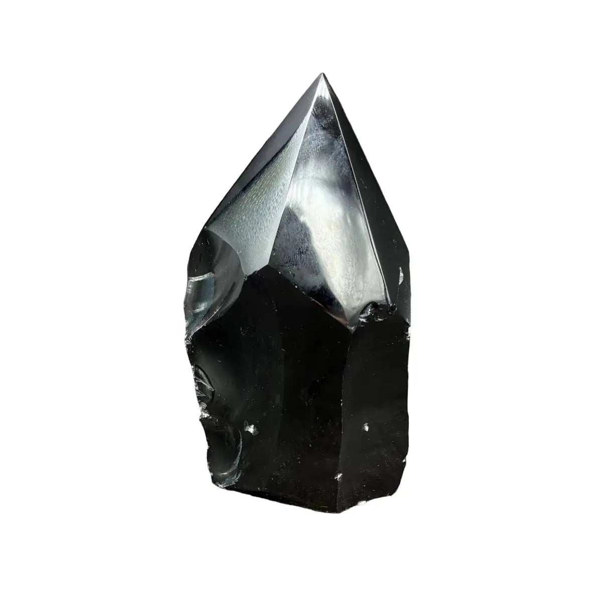 Back side of this black polished Obsidian point, in front of a white background.