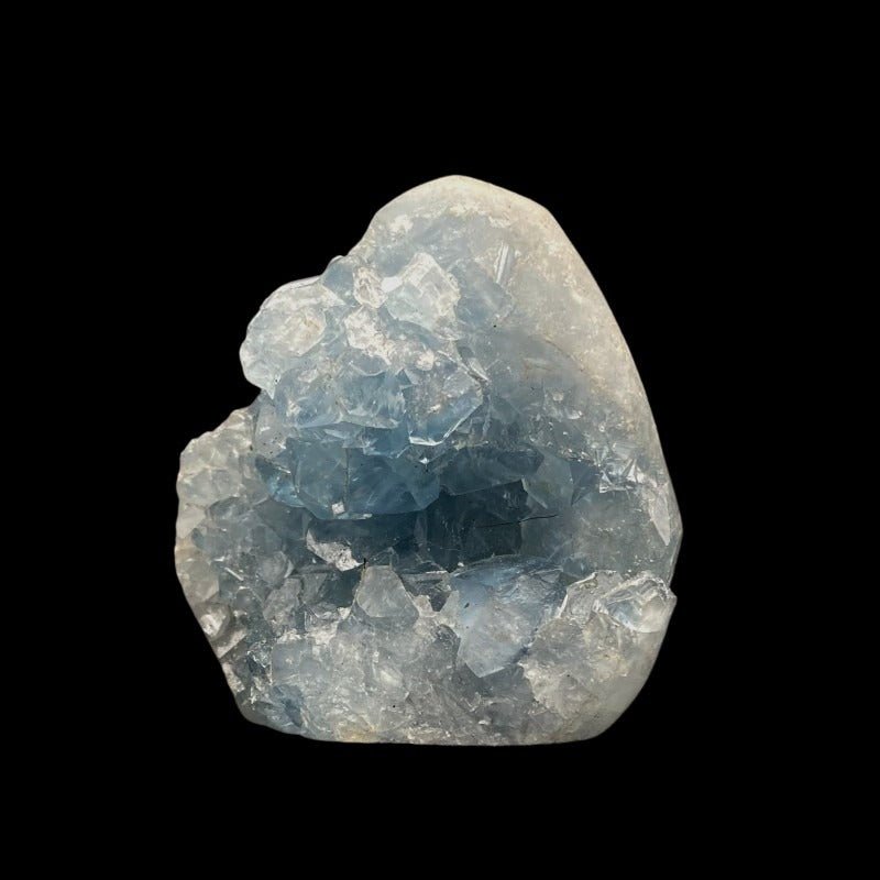 Front Of Sparkly Blue Celestite Crystal Cut Base Showing large to small crystal points