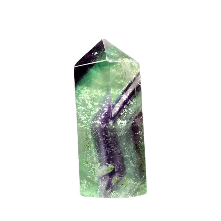 Back Side Of Small Cut And Polished Fluorite Point Tower, Green And Purple In Color