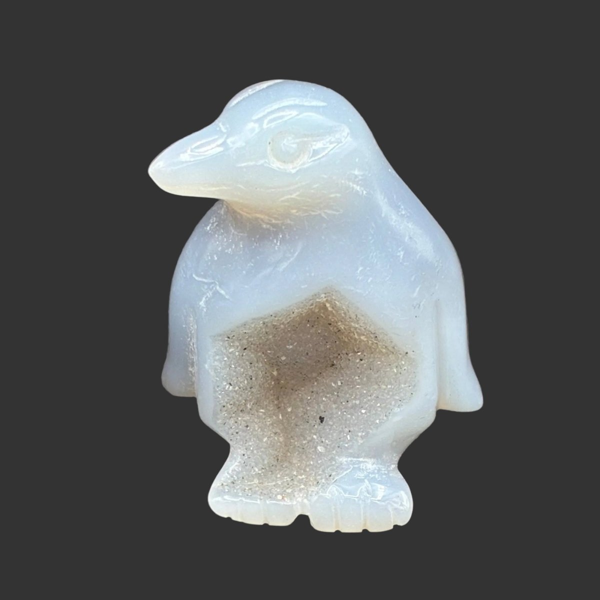 Front side of this polished Agate penguin, in front of a black background.