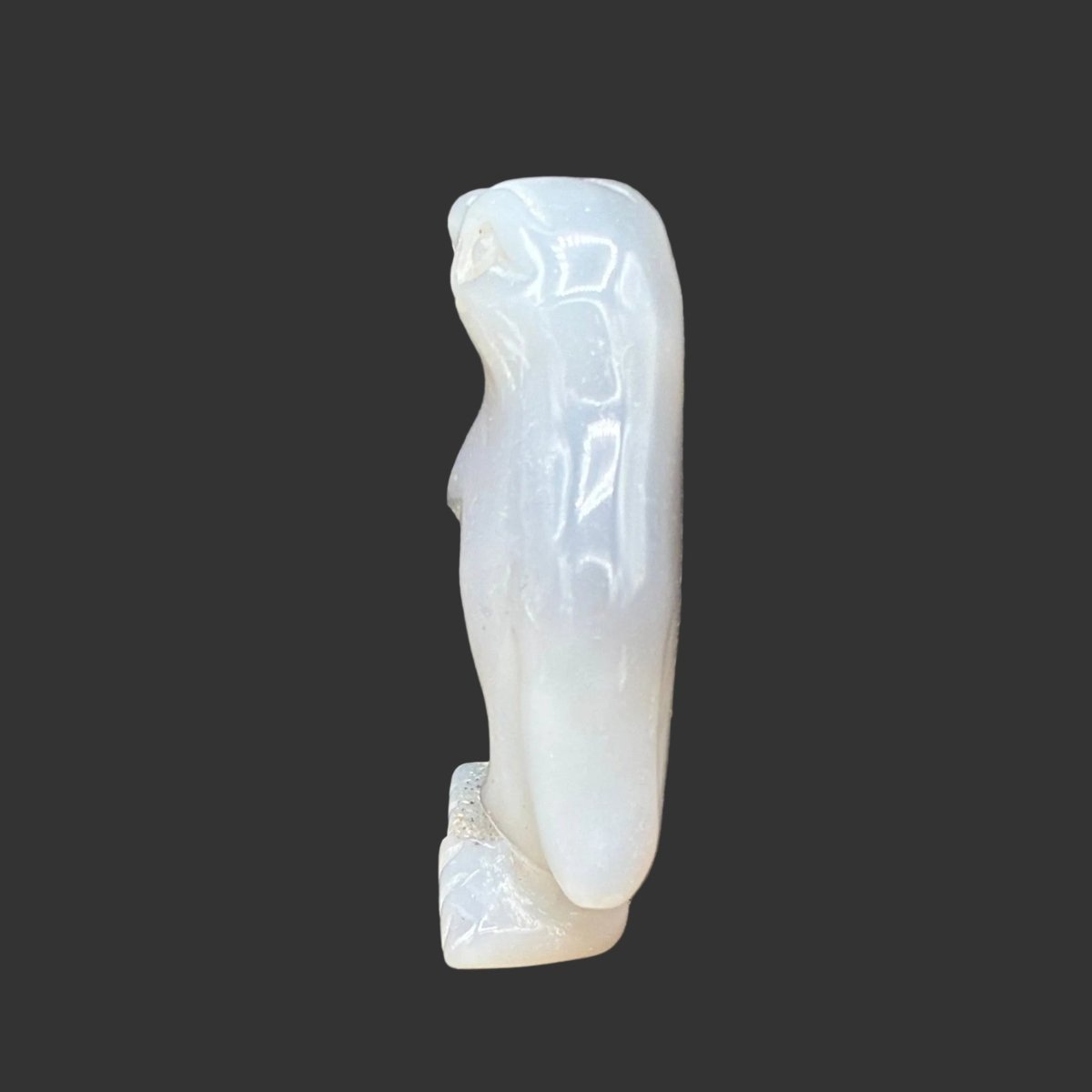 Side view of this polished Agate penguin, in front of a black background.