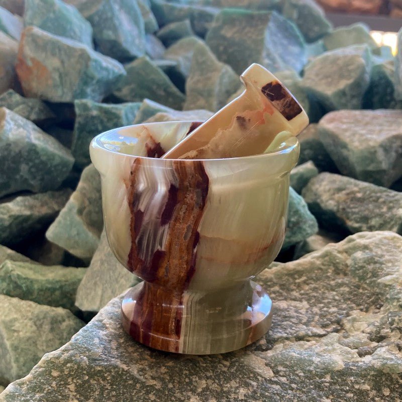 Carved Green Onyx Mortar And Pestle In Natural Light