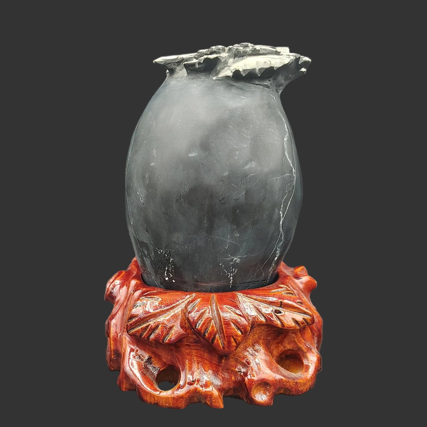 Side view of this Chrysanthemum stone. It is mostly black with some with striations of white on the top, and the wooden stand is red.