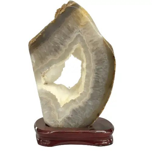 Brown Agate Slice With Clear Drusy Crystals On Wood Display Base