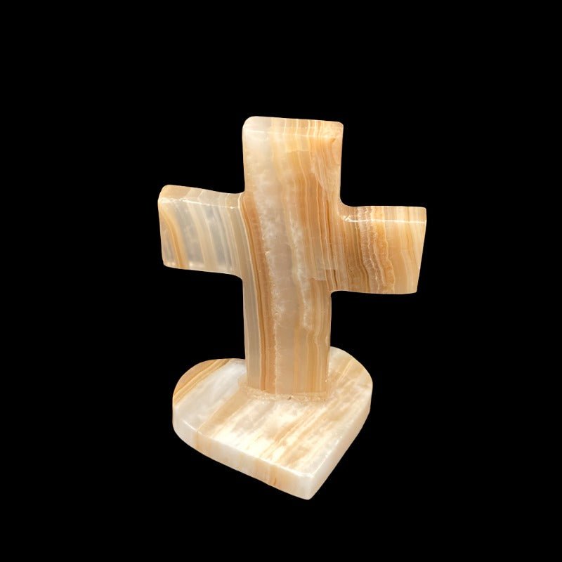 Small Onyx Cross With Heart Shaped Base. This Cross Is Marbled With A Even Amount Of Cream And Brown 