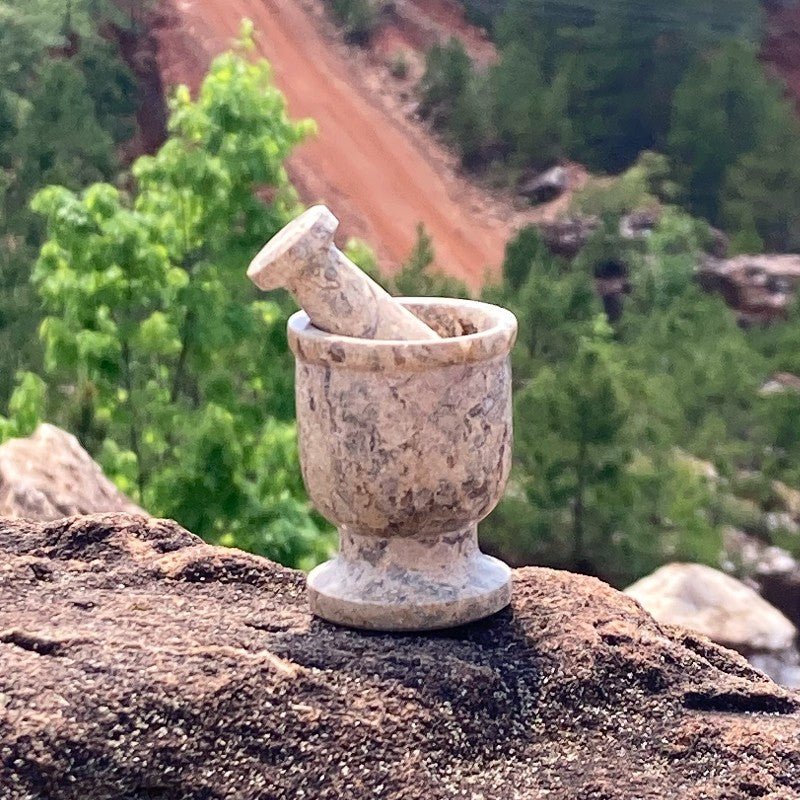 Small Petite Fossil Mortar And Pestle In Front Of The Ron Coleman Crystal Mine