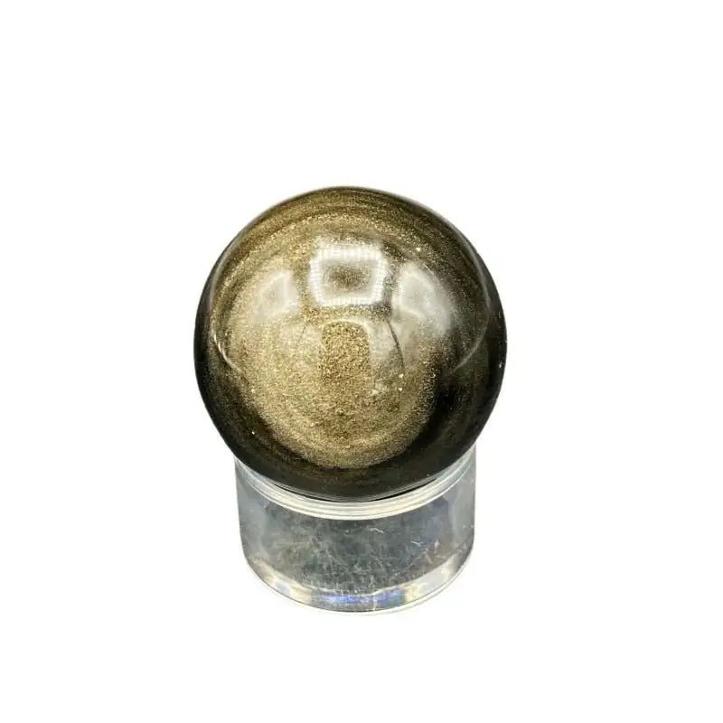 Front Side Of Gold Sheen Obsidian Sphere, Glossy Black With A Gold Sheen Overlay
