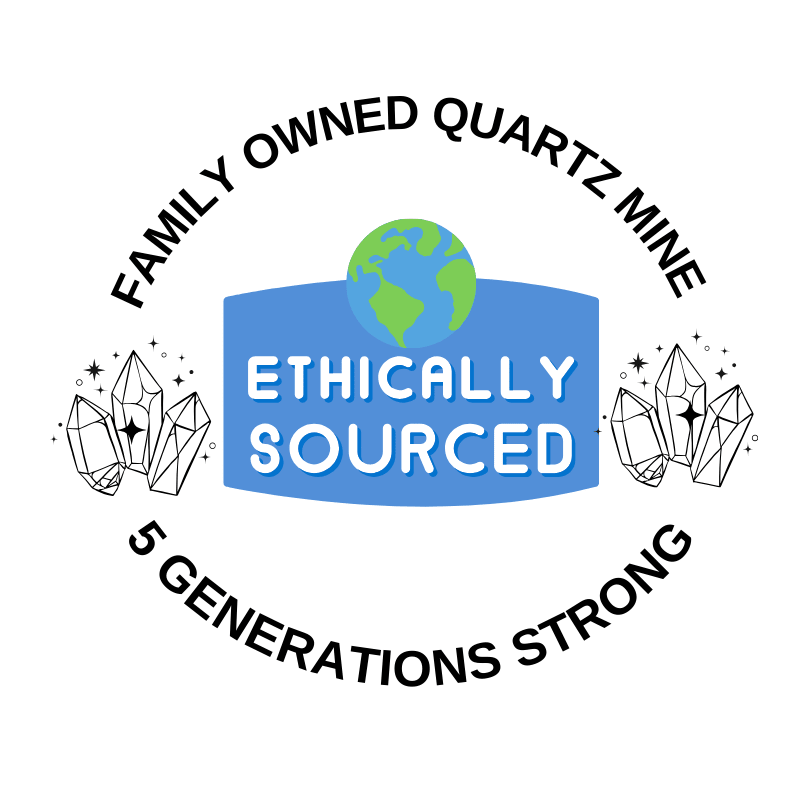 Logo with text 'Family Owned Quartz Mine', 'Ethically Sourced', and '5 Generations Strong' on a white background.