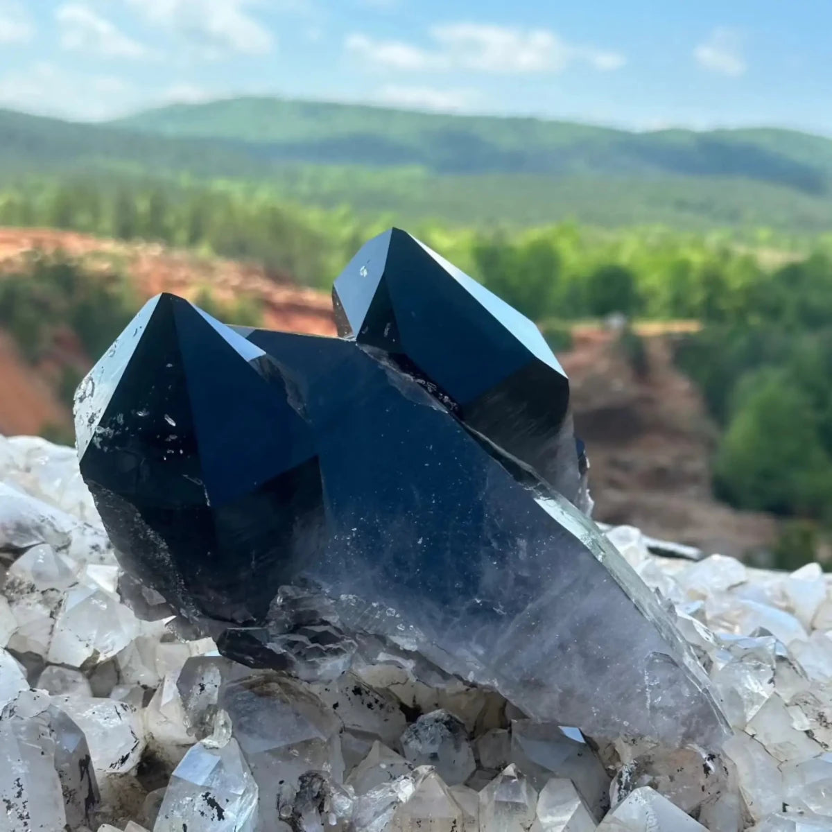 Heat Treated Smoky Quartz Cluster on boulder with trees in background