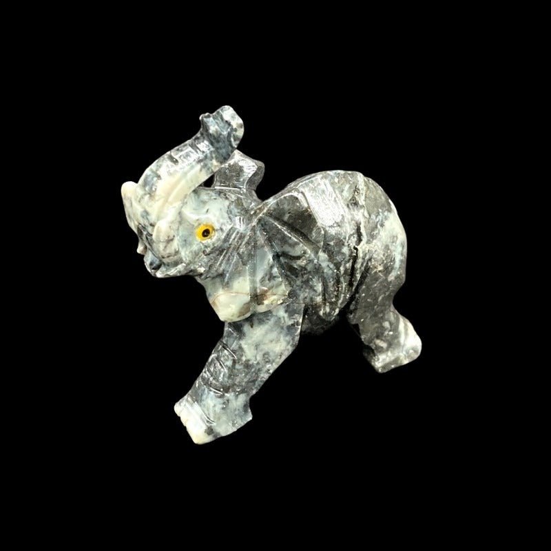 Left Side Of Polished Elephant Soapstone Figurine, White And Grey Marbled