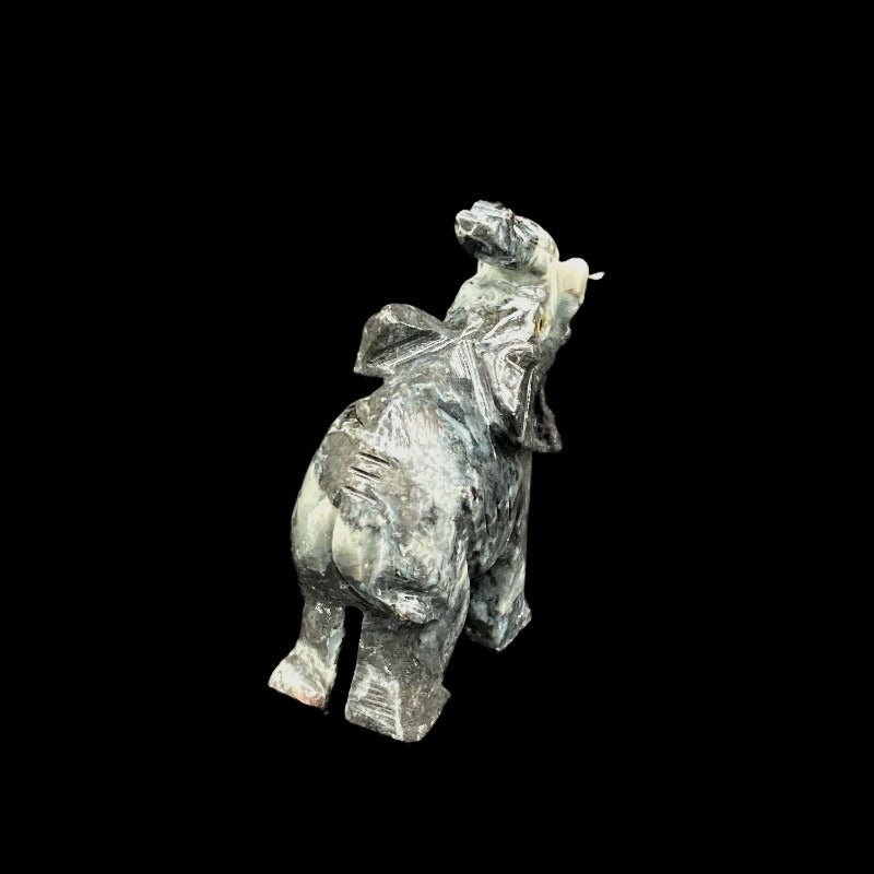 Back Side Of Polished Elephant Soapstone Figurine, White And Grey Marbled