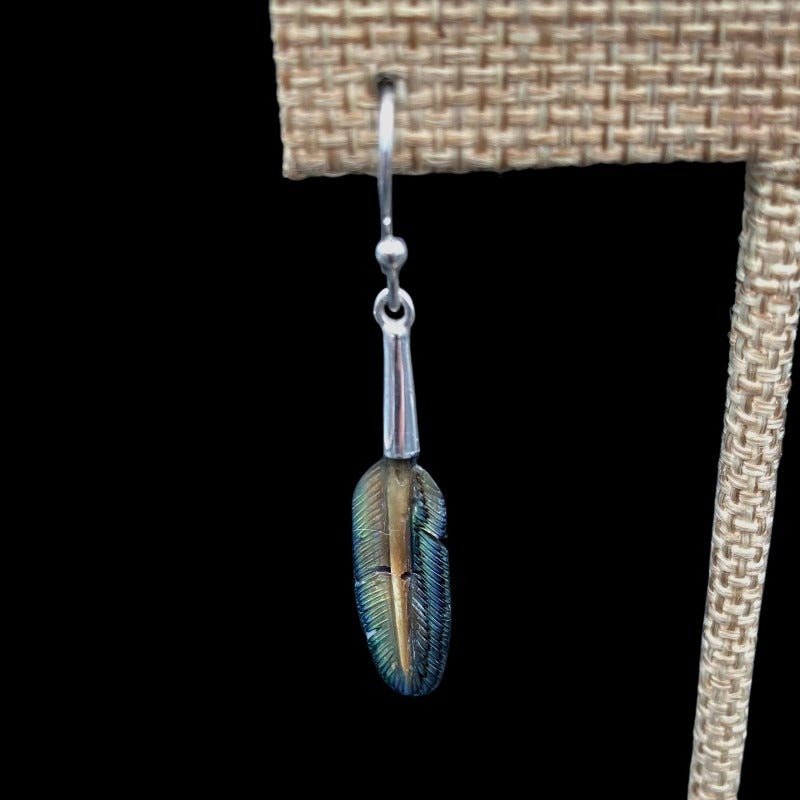 Close Up Of Sterling Silver Abalone Feather Earrings, Hardware Is Polished Silver And The Feather Is Iridescent Blue Green And Orange