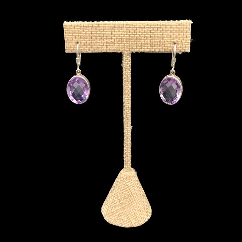 Front View Of Sterling Silver Amethyst Bezel Gemstone Earrings, Silver And Purple In Color