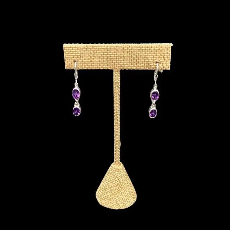 Sterling Silver Amethyst Gemstone Dangle Earrings, Each Earring Has 2 Gemstones on It, they are Small, Oval  And Deep Purple
