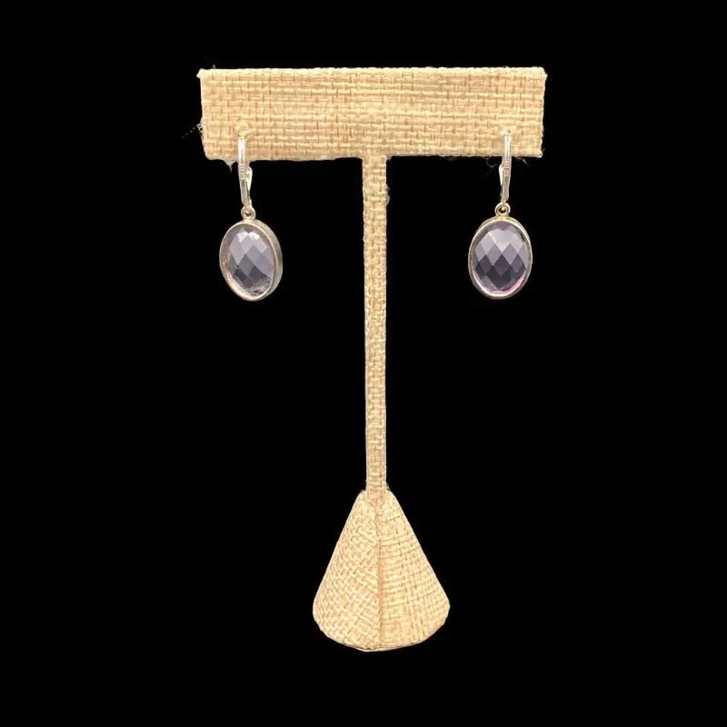Back Side Of Sterling Silver Amethyst Earrings, Silver on a display standr