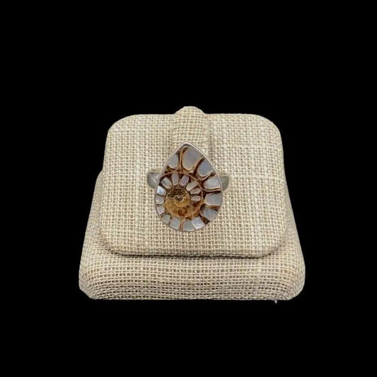 Sterling Silver Ammonite Fossil Gemstone Ring Pear Shaped , Spiral Pattern Iridescent Pearl And Brown In Color